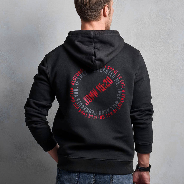 Black pullover hoodie with Canceled graphic based on John 15:20