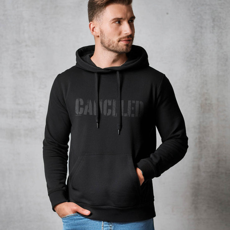 Black pullover hoodie with Canceled graphic based on John 15:20