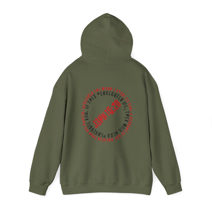 Military green pullover hoodie with Canceled graphic based on John 15:20