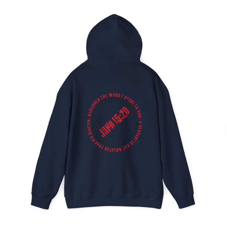 Navy blue pullover hoodie with Canceled graphic based on John 15:20