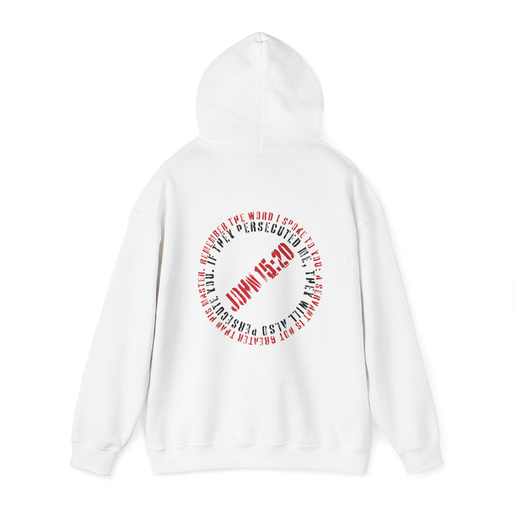 White pullover hoodie with Canceled graphic based on John 15:20