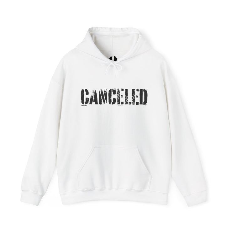 White pullover hoodie with Canceled graphic based on John 15:20