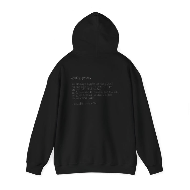 Black hoodie with Costly Grace design from Deitrich Bonhoeffer quote