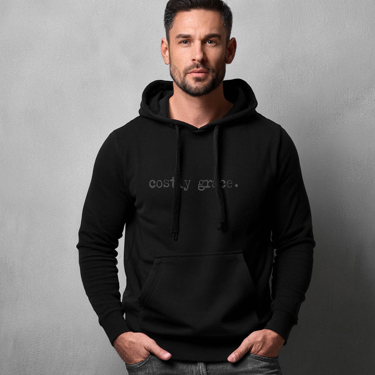 Black hoodie with Costly Grace design from Deitrich Bonhoeffer quote
