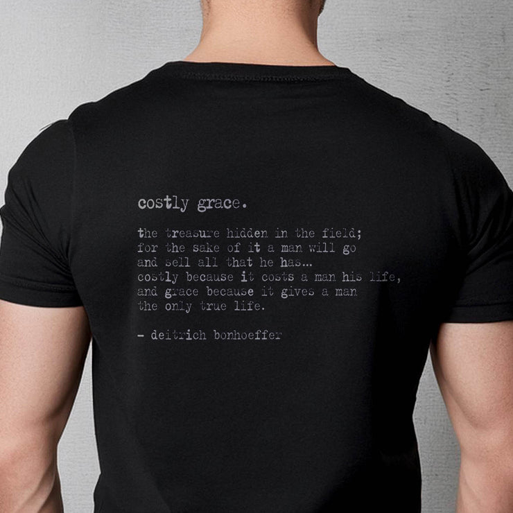 Black T-shirt with Costly Grace design from Deitrich Bonhoeffer quote