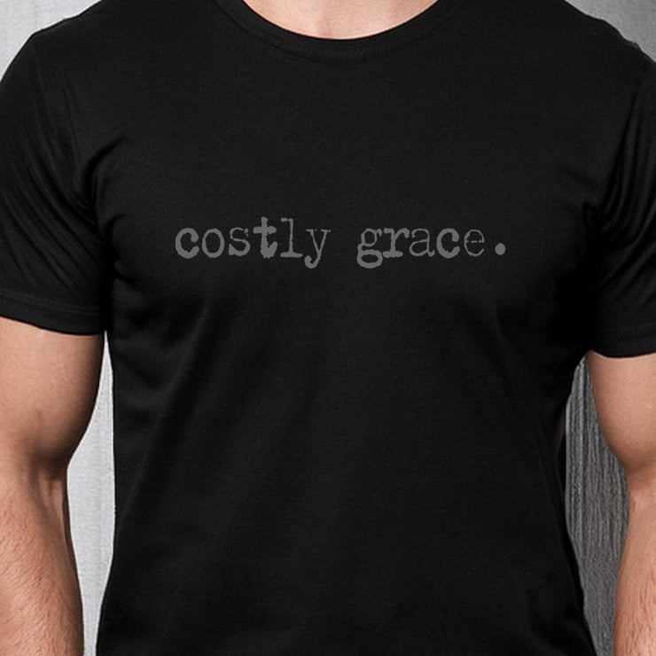 Black T-shirt with Costly Grace design from Deitrich Bonhoeffer quote