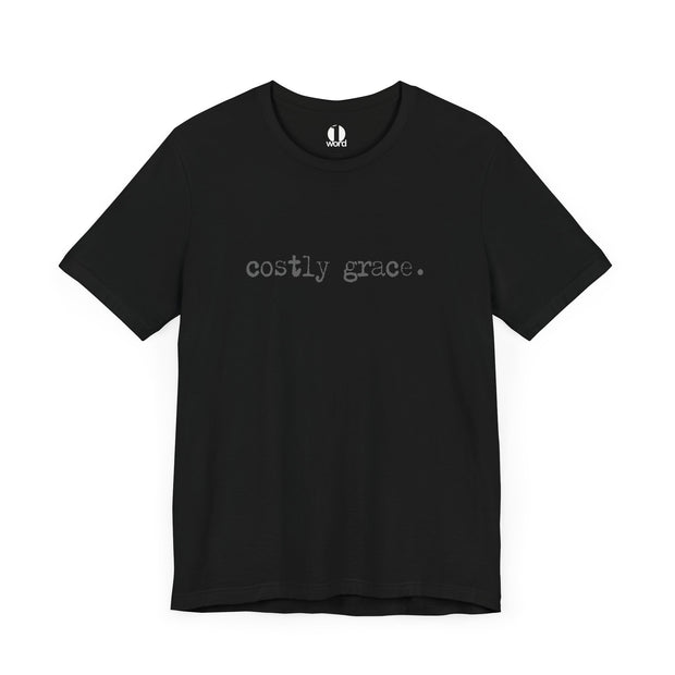 Black T-shirt with Costly Grace design from Deitrich Bonhoeffer quote