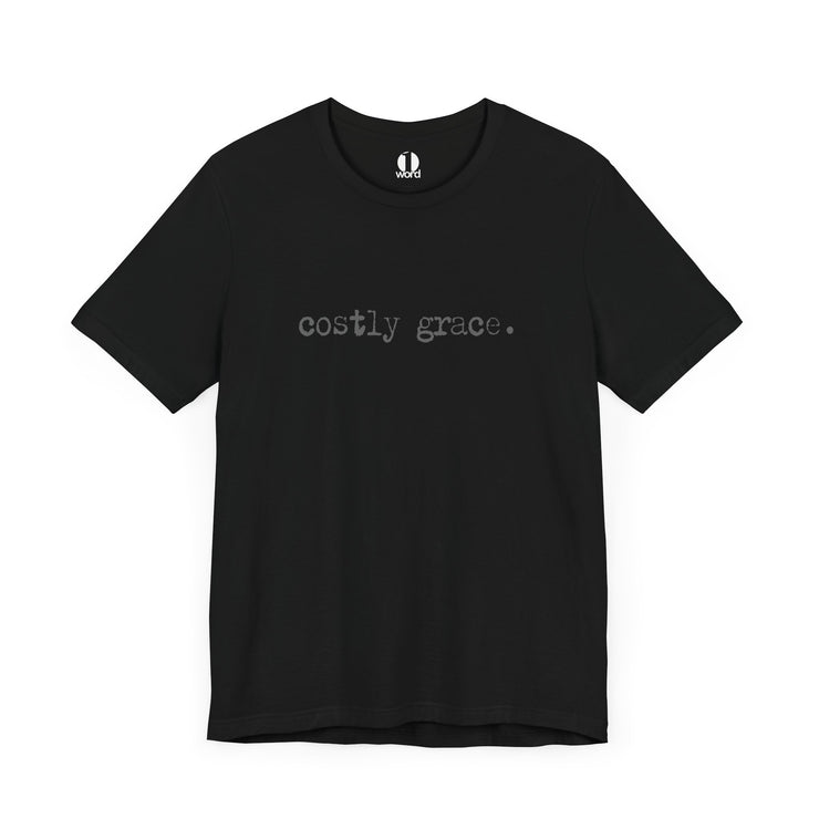 Black T-shirt with Costly Grace design from Deitrich Bonhoeffer quote
