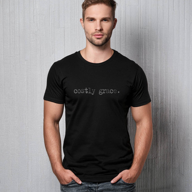 Black T-shirt with Costly Grace design from Deitrich Bonhoeffer quote