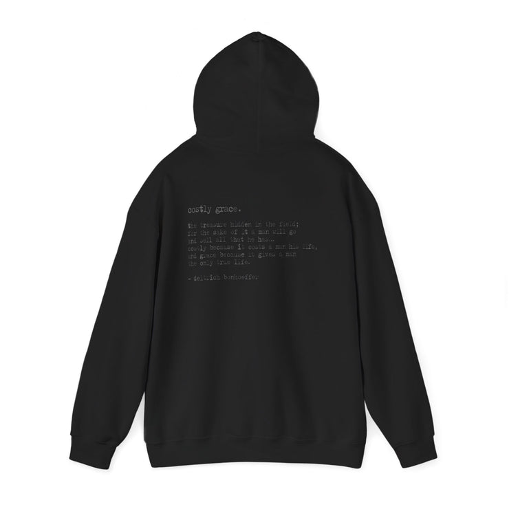 Black hoodie with Costly Grace design from Deitrich Bonhoeffer quote