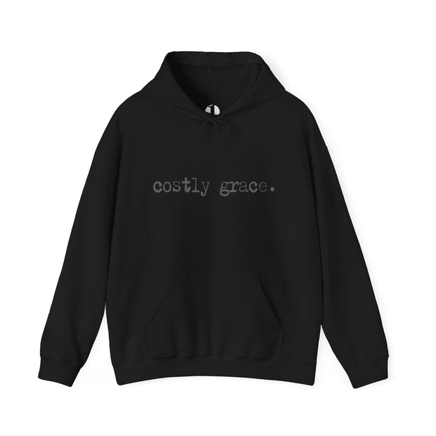 Black hoodie with Costly Grace design from Deitrich Bonhoeffer quote