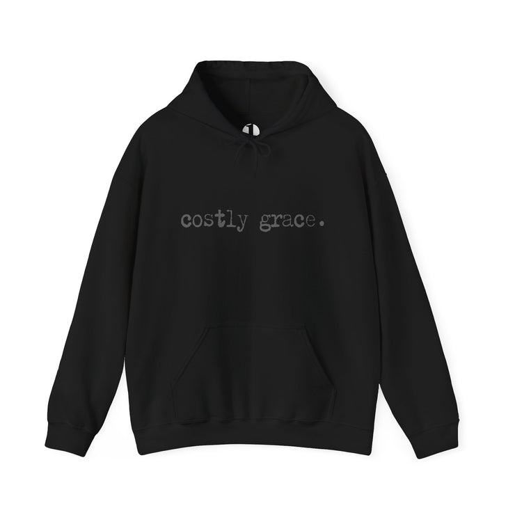 Black hoodie with Costly Grace design from Deitrich Bonhoeffer quote