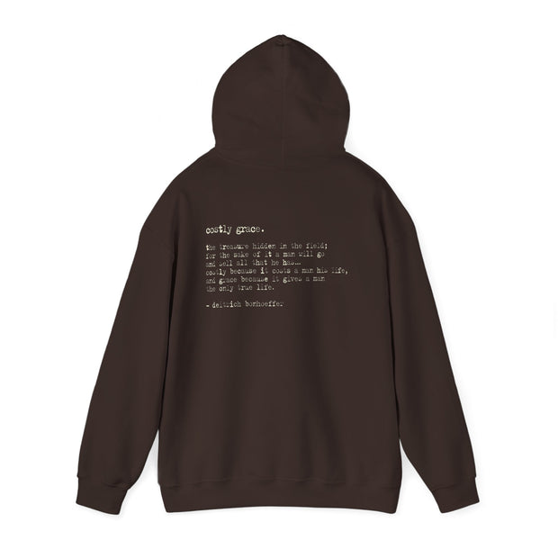 Brown hoodie with Costly Grace design from Deitrich Bonhoeffer quote