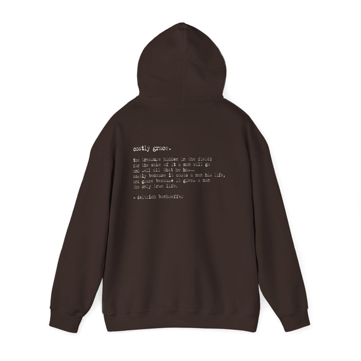 Brown hoodie with Costly Grace design from Deitrich Bonhoeffer quote