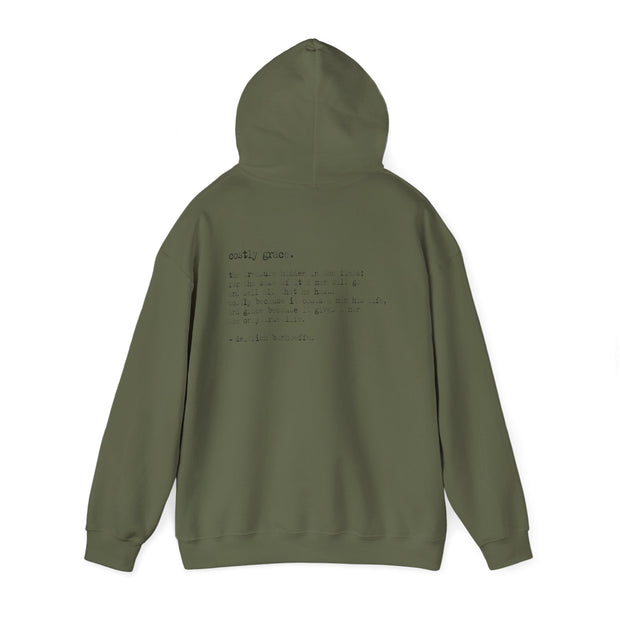Military green hoodie with Costly Grace design from Deitrich Bonhoeffer quote