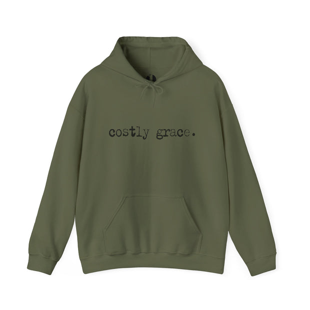 Military green hoodie with Costly Grace design from Deitrich Bonhoeffer quote