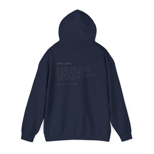 Navy blue hoodie with Costly Grace design from Deitrich Bonhoeffer quote