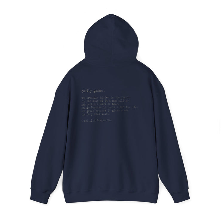 Navy blue hoodie with Costly Grace design from Deitrich Bonhoeffer quote