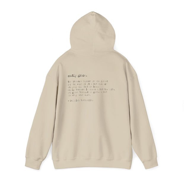 Sand hoodie with Costly Grace design from Deitrich Bonhoeffer quote