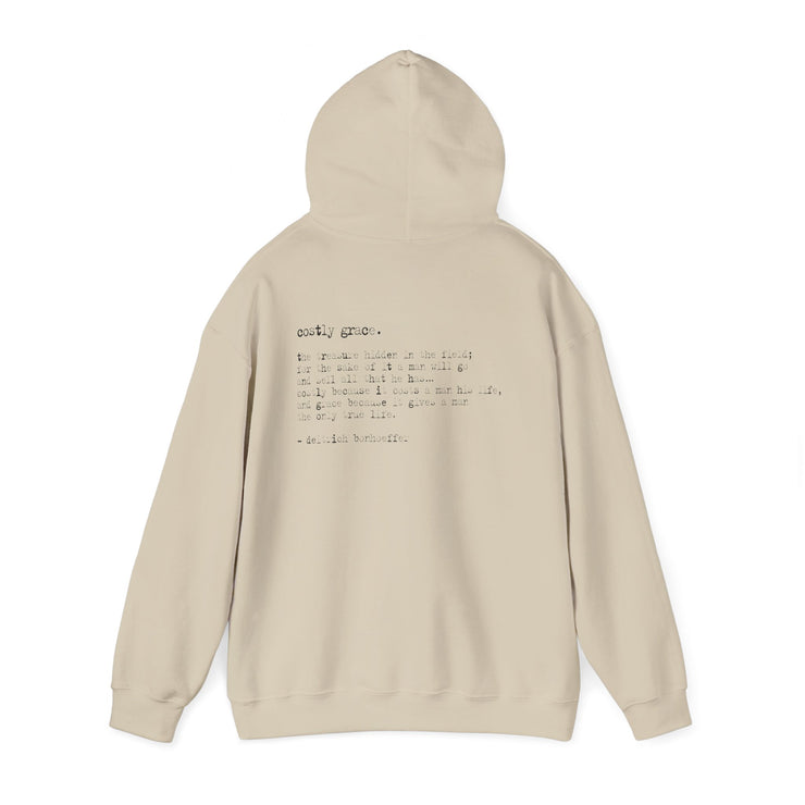 Sand hoodie with Costly Grace design from Deitrich Bonhoeffer quote