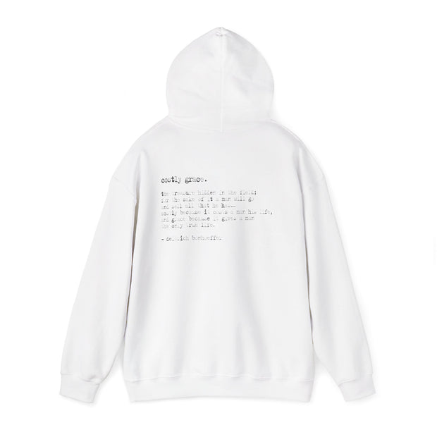 White hoodie with Costly Grace design from Deitrich Bonhoeffer quote
