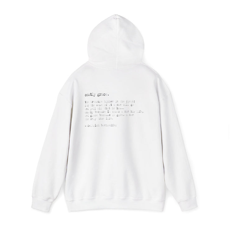 White hoodie with Costly Grace design from Deitrich Bonhoeffer quote