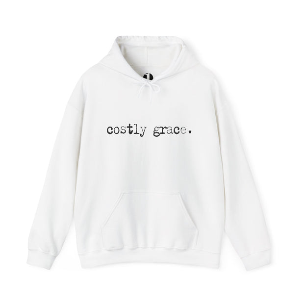 White hoodie with Costly Grace design from Deitrich Bonhoeffer quote