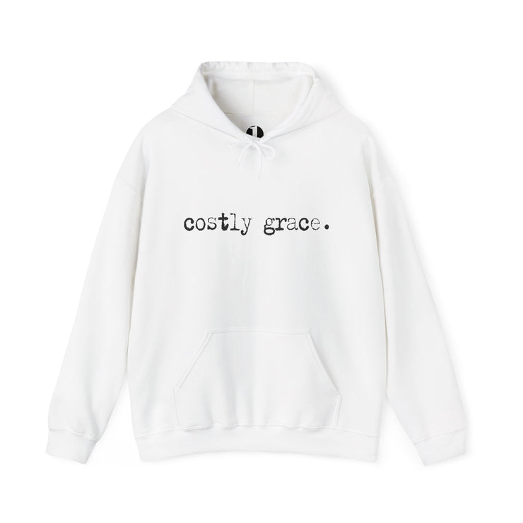 White hoodie with Costly Grace design from Deitrich Bonhoeffer quote