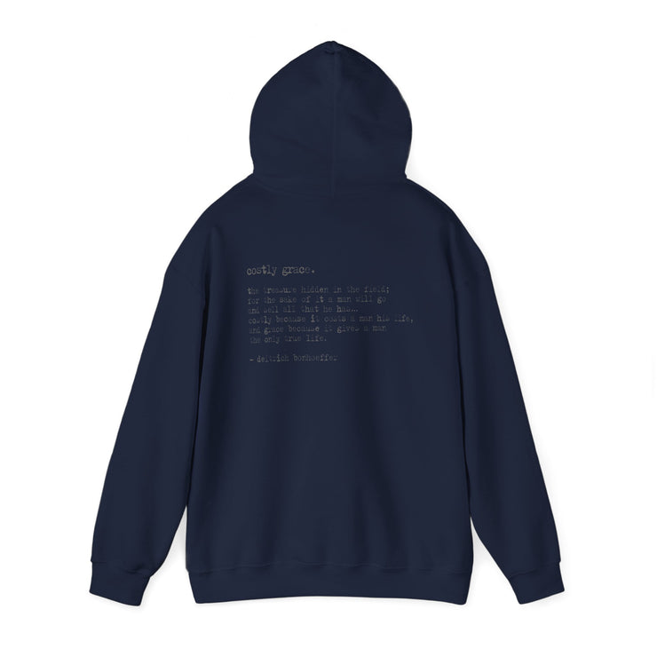 Navy blue hoodie with Costly Grace design from Deitrich Bonhoeffer quote