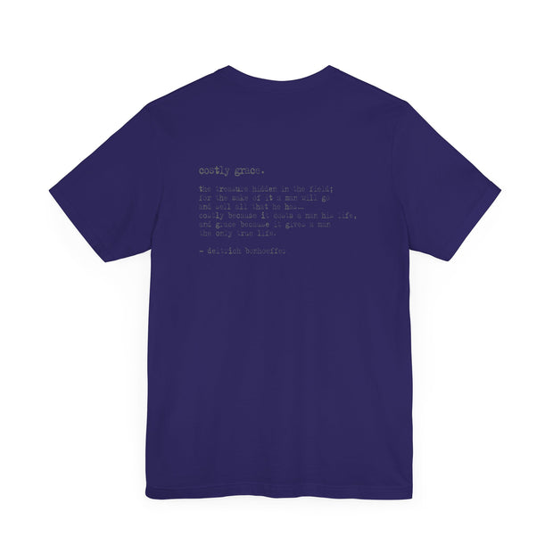 Navy T-shirt with Costly Grace design from Deitrich Bonhoeffer quote