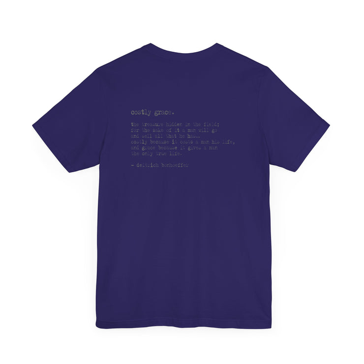 Navy T-shirt with Costly Grace design from Deitrich Bonhoeffer quote