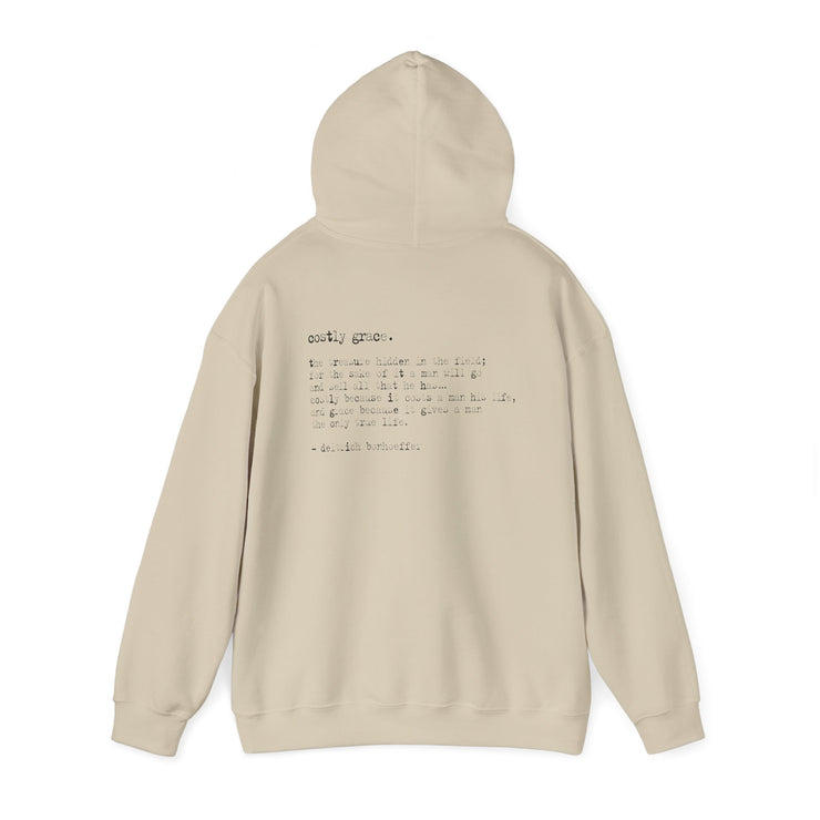 Sand hoodie with Costly Grace design from Deitrich Bonhoeffer quote