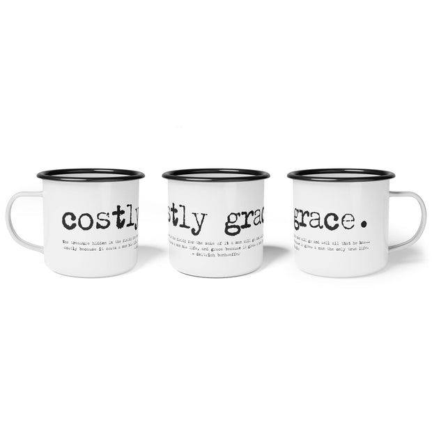 White campsite mug with Costly Grace design from Deitrich Bonhoeffer quote