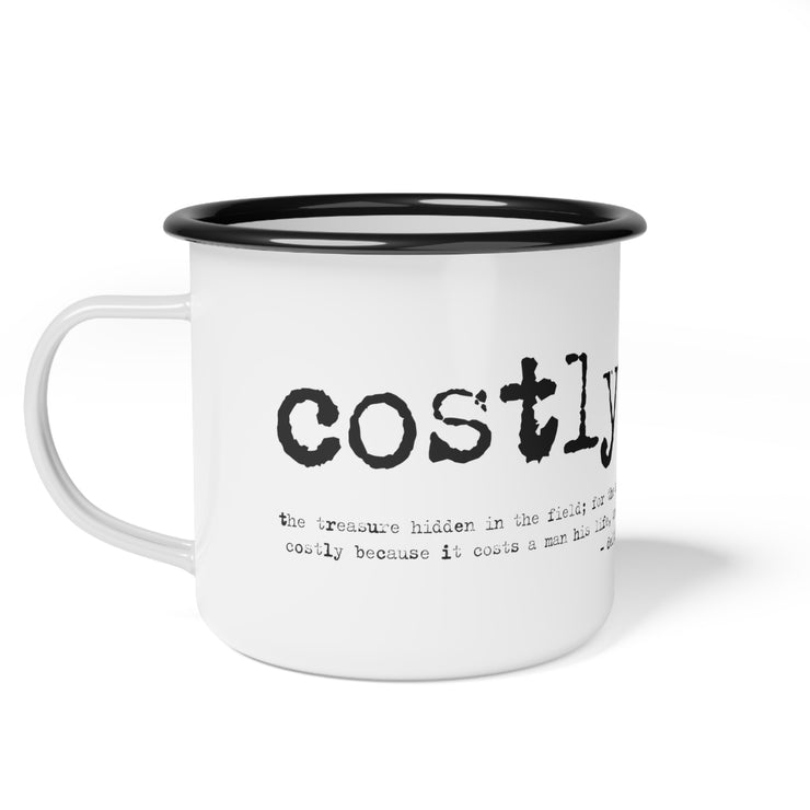 White campsite mug with Costly Grace design from Deitrich Bonhoeffer quote
