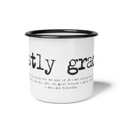 White campsite mug with Costly Grace design from Deitrich Bonhoeffer quote