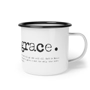 White campsite mug with Costly Grace design from Deitrich Bonhoeffer quote