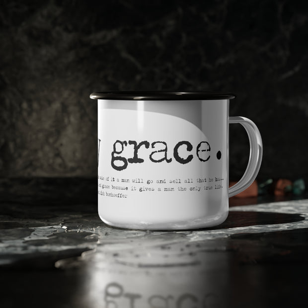 White campsite mug with Costly Grace design from Deitrich Bonhoeffer quote