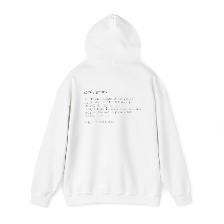 White hoodie with Costly Grace design from Deitrich Bonhoeffer quote