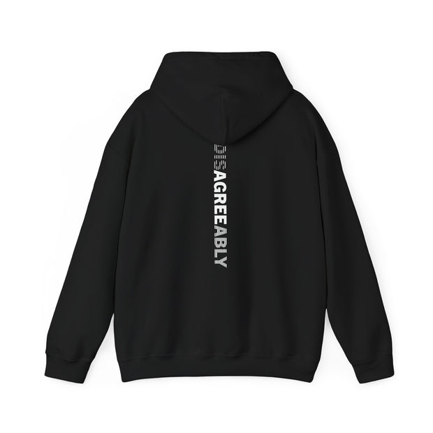 Black hoodie with Disagree Agreeably graphic