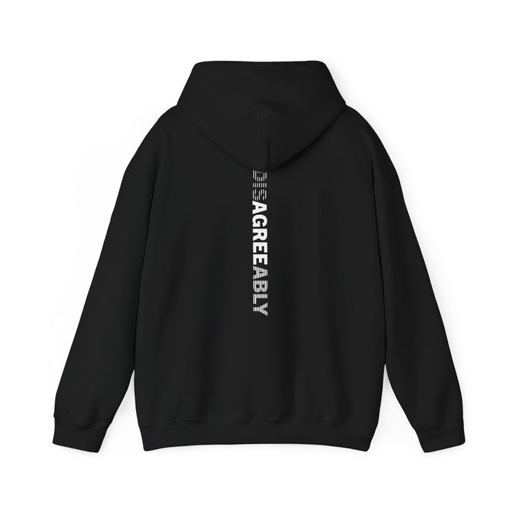 Black hoodie with Disagree Agreeably graphic
