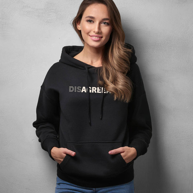 Black hoodie on woman with Disagree Agreeably graphic