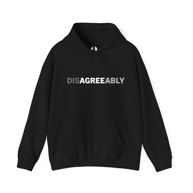 Black hoodie with Disagree Agreeably graphic