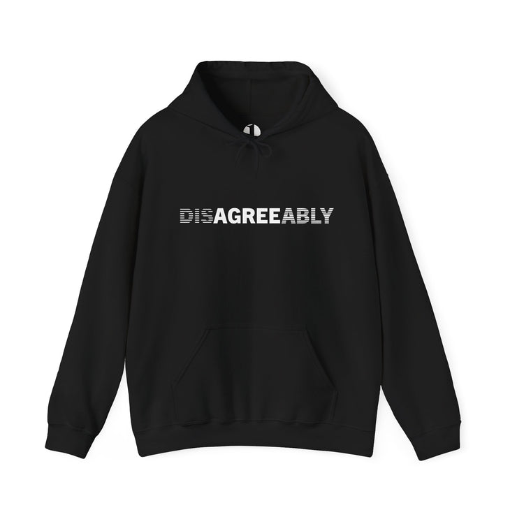 Black hoodie with Disagree Agreeably graphic