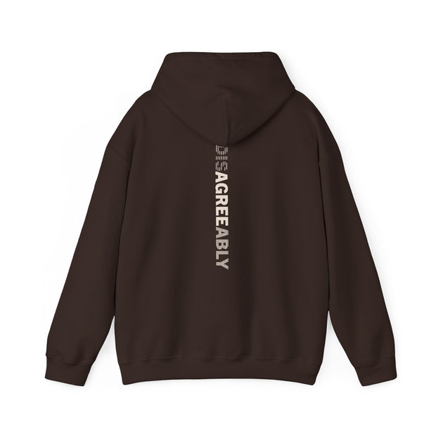 Brown hoodie with Disagree Agreeably graphic