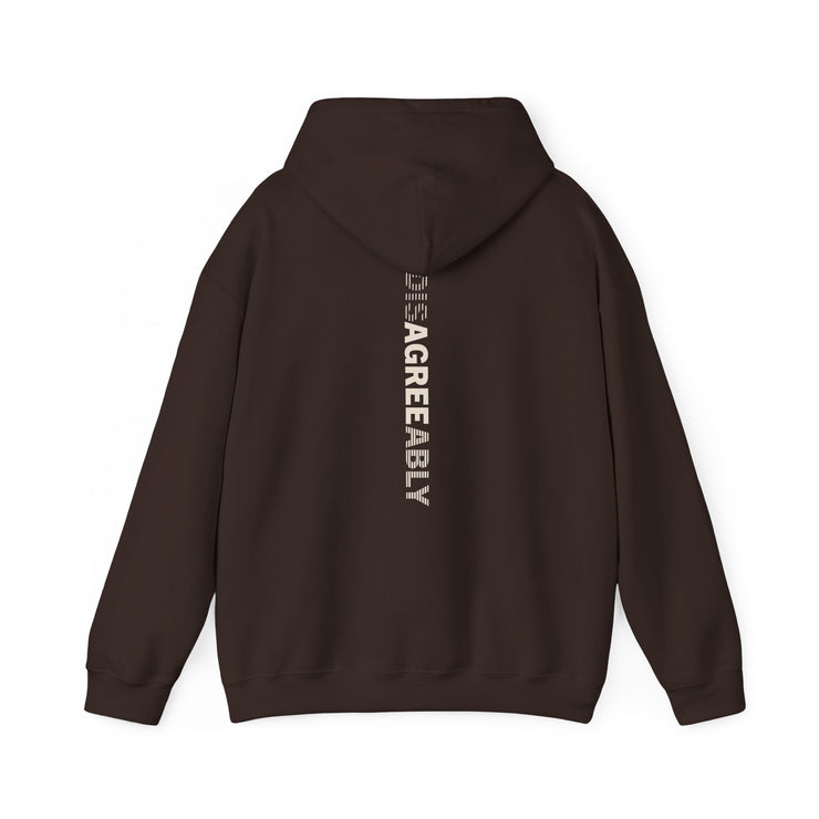 Brown hoodie with Disagree Agreeably graphic