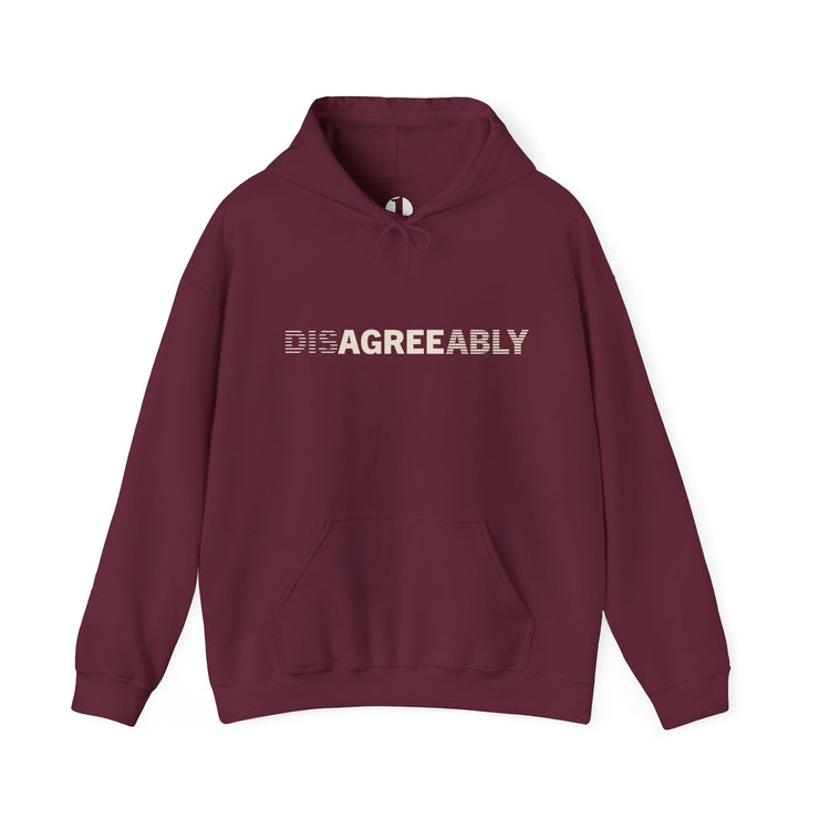 Maroon hoodie with Disagree Agreeably graphic