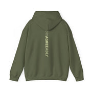 Military green hoodie with Disagree Agreeably graphic