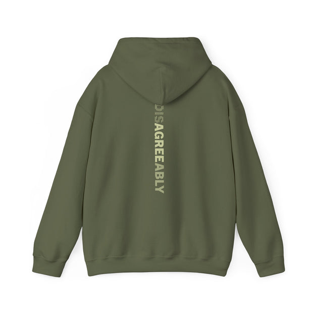 Military green hoodie with Disagree Agreeably graphic