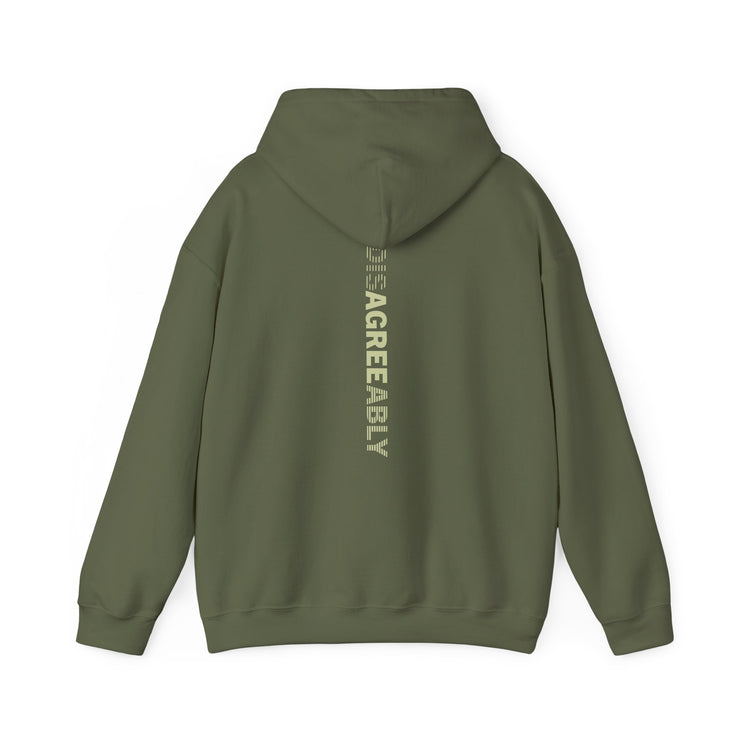 Military green hoodie with Disagree Agreeably graphic