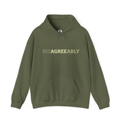 Military green hoodie with Disagree Agreeably graphic